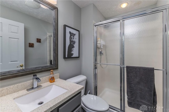 1210 Greystone Cir, Dayton, OH 45414 - bathroom with vanity, a shower stall, and a textured ceiling