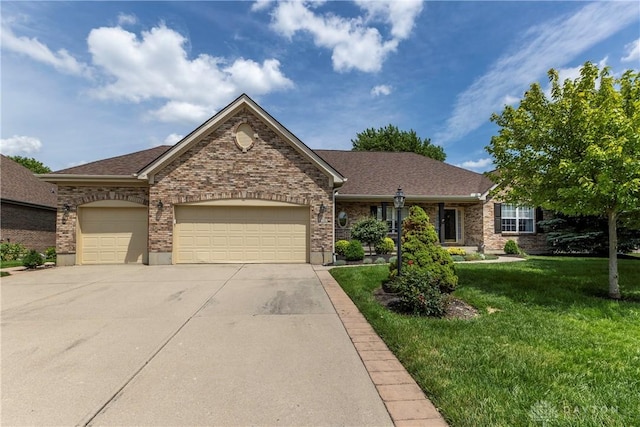 1210 Greystone Cir, Dayton, OH 45414 - ranch-style house featuring concrete driveway, a garage, a front yard, brick siding, and a shingled roof