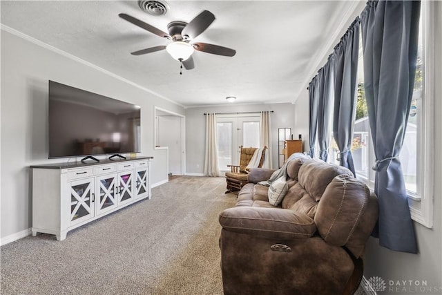 303 Erie Ave, Fairborn, OH 45324 - living area with ceiling fan, carpet floors, and crown molding