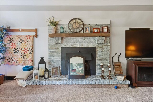 8760 State Route 380, Chester Twp, OH 45177 - carpeted living area featuring a brick fireplace