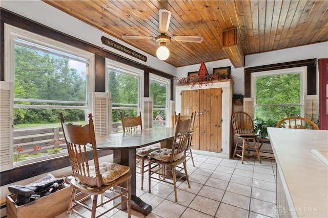 8760 State Route 380, Chester Twp, OH 45177 - dining area with light tile patterned floors, healthy amount of natural light, wood ceiling, and a ceiling fan