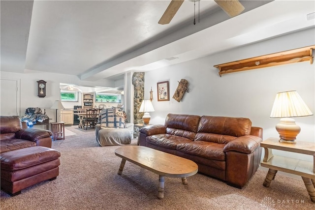 8760 State Route 380, Chester Twp, OH 45177 - living room with carpet, ceiling fan, and beam ceiling