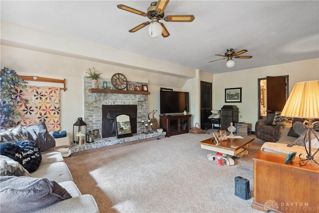 8760 State Route 380, Chester Twp, OH 45177 - carpeted living room with a ceiling fan and a fireplace