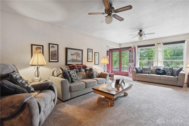8760 State Route 380, Chester Twp, OH 45177 - carpeted living room with a ceiling fan and a textured ceiling