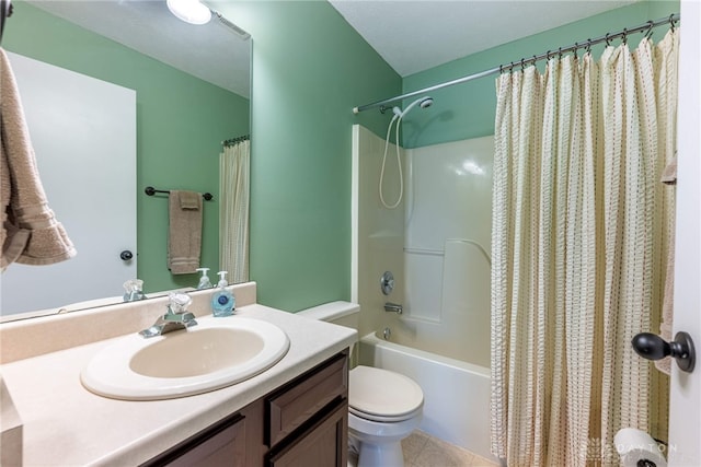 7502 Ned Ct, Franklin, OH 45005 - full bathroom featuring vanity, shower / bath combo with shower curtain, and tile patterned flooring
