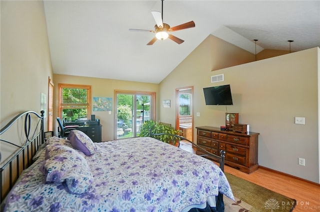 3244 N Shoemaker Rd, Lebanon, OH 45036 - bedroom featuring wood finished floors, high vaulted ceiling, and a ceiling fan