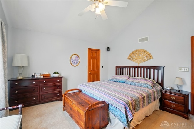 3244 N Shoemaker Rd, Lebanon, OH 45036 - bedroom featuring light colored carpet, a ceiling fan, and high vaulted ceiling