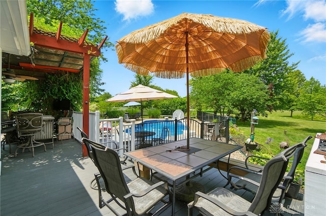 3244 N Shoemaker Rd, Lebanon, OH 45036 - wooden deck with outdoor dining area and a yard