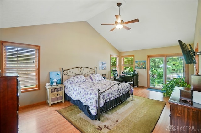 3244 N Shoemaker Rd, Lebanon, OH 45036 - bedroom featuring access to outside, wood finished floors, high vaulted ceiling, and ceiling fan