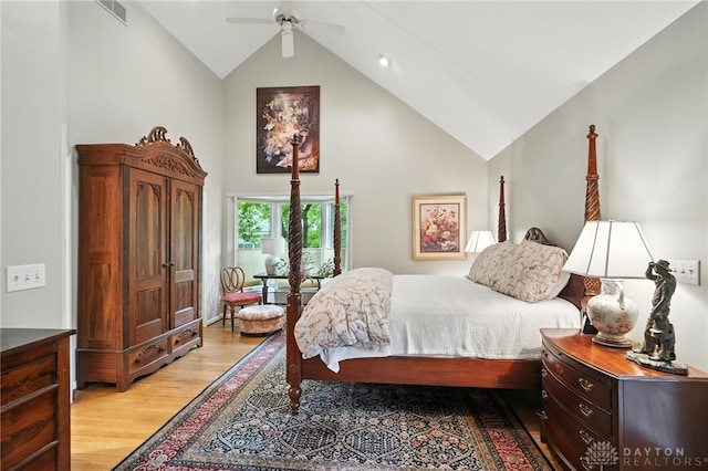 1314 Red Bud Trl, Dayton, OH 45409 - bedroom with light wood-style floors, high vaulted ceiling, and ceiling fan