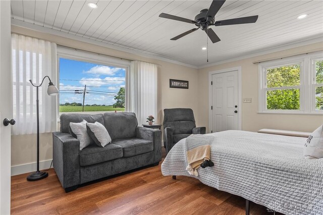 6977 Alternate State Route 49, Arcanum, OH 45304 - bedroom featuring wood finished floors, ornamental molding, recessed lighting, and a ceiling fan