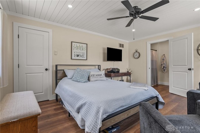6977 Alternate State Route 49, Arcanum, OH 45304 - bedroom featuring dark wood finished floors, ornamental molding, recessed lighting, a ceiling fan, and wood ceiling