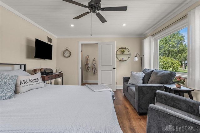 6977 Alternate State Route 49, Arcanum, OH 45304 - bedroom featuring dark wood-style floors, recessed lighting, ornamental molding, and a ceiling fan