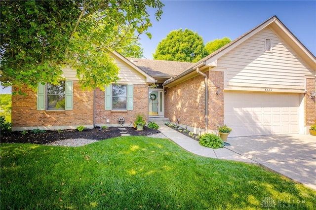 6437 Sun Ridge Dr, Waynesville, OH 45068 - ranch-style house featuring a garage, brick siding, a front yard, driveway, and a shingled roof