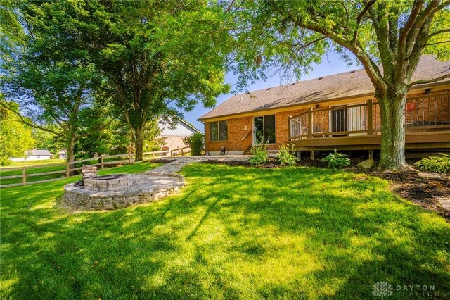 6437 Sun Ridge Dr, Waynesville, OH 45068 - back of property featuring a fire pit and a wooden deck