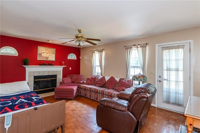 2384 Flyway Ct, Beavercreek, OH 45431 - living room with a ceiling fan and a fireplace