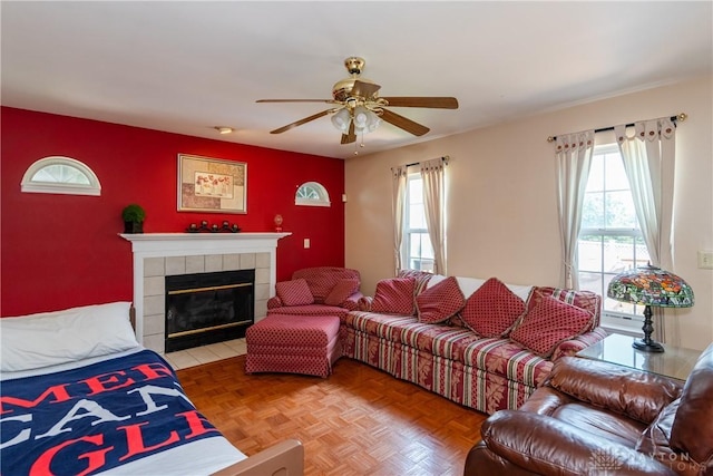 2384 Flyway Ct, Beavercreek, OH 45431 - living room with a ceiling fan and a tile fireplace