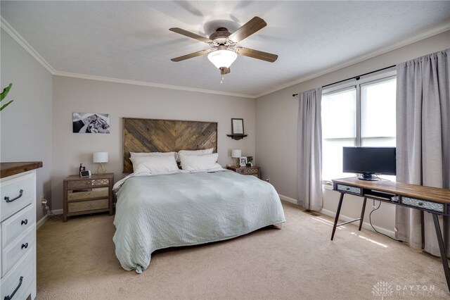 6426 Anvil Dr, Waynesville, OH 45068 - bedroom featuring light colored carpet, ornamental molding, and a ceiling fan