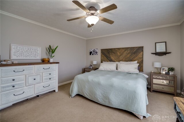 6426 Anvil Dr, Waynesville, OH 45068 - bedroom featuring light colored carpet, ornamental molding, and ceiling fan