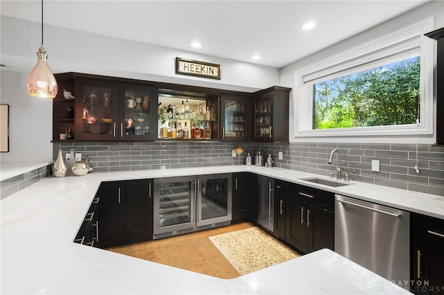 7921 Locust Grove Ct, Springboro, OH 45066 - indoor bar with dishwasher, wine cooler, decorative backsplash, light tile patterned floors, and decorative light fixtures