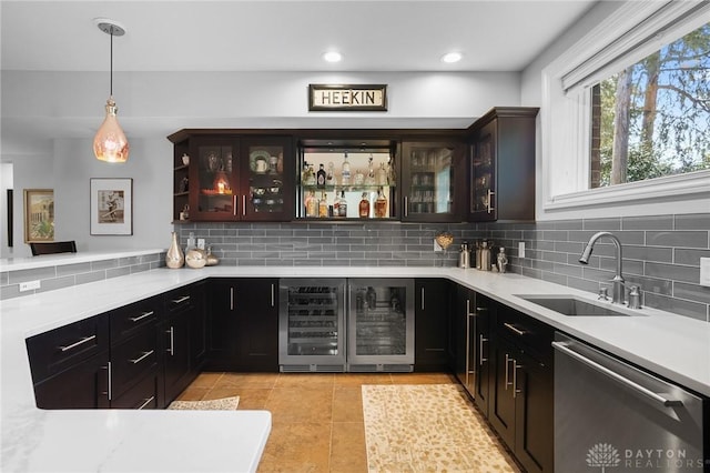 7921 Locust Grove Ct, Springboro, OH 45066 - indoor bar with dishwasher, beverage cooler, light tile patterned floors, backsplash, and recessed lighting