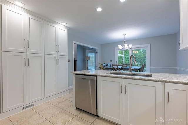 5010 Rhine Way, Centerville, OH 45458 - kitchen featuring dishwasher, a chandelier, light tile patterned floors, white cabinetry, and recessed lighting
