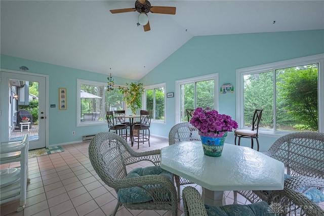 5010 Rhine Way, Centerville, OH 45458 - dining room with ceiling fan, lofted ceiling, light tile patterned flooring, and a baseboard radiator