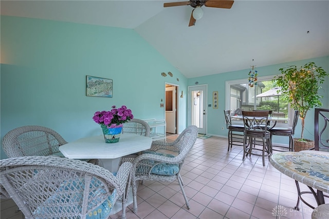5010 Rhine Way, Centerville, OH 45458 - dining room with ceiling fan, tile patterned floors, and high vaulted ceiling