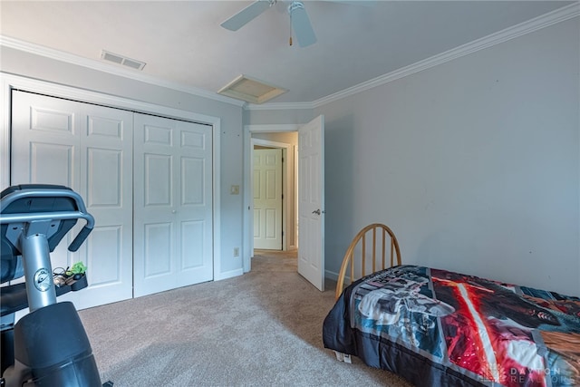 5010 Rhine Way, Centerville, OH 45458 - carpeted bedroom featuring attic access, crown molding, a closet, and a ceiling fan