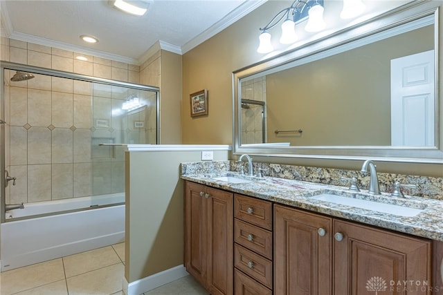 5010 Rhine Way, Centerville, OH 45458 - bathroom with tile patterned floors, crown molding, double vanity, and bath / shower combo with glass door