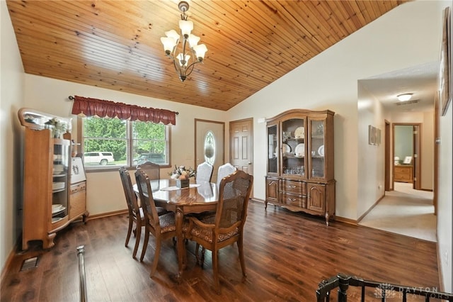 450 Overfield Pl, Troy, OH 45373 - dining room with lofted ceiling, a chandelier, dark wood-style floors, and wooden ceiling
