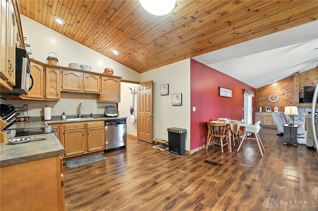450 Overfield Pl, Troy, OH 45373 - kitchen featuring appliances with stainless steel finishes, lofted ceiling, dark wood-style flooring, wood walls, and wooden ceiling