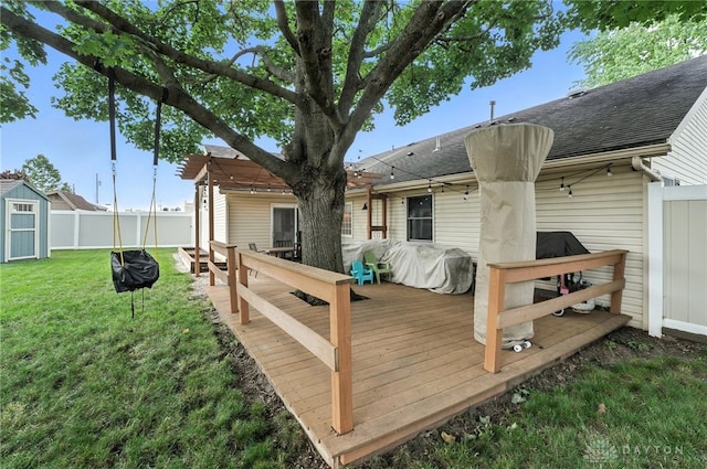 450 Overfield Pl, Troy, OH 45373 - wooden terrace featuring a storage shed and a fenced backyard