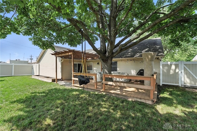 450 Overfield Pl, Troy, OH 45373 - back of property featuring a wooden deck, a pergola, and a fenced backyard