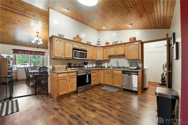 450 Overfield Pl, Troy, OH 45373 - kitchen featuring appliances with stainless steel finishes, wood ceiling, high vaulted ceiling, dark wood-type flooring, and a chandelier