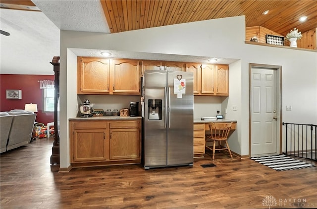 450 Overfield Pl, Troy, OH 45373 - kitchen featuring stainless steel fridge, vaulted ceiling, dark wood-style floors, light countertops, and recessed lighting