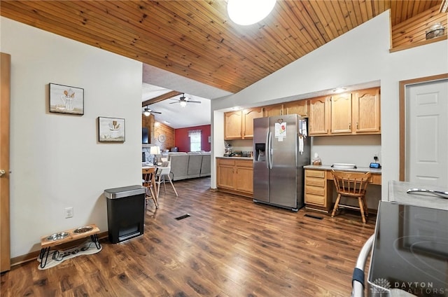 450 Overfield Pl, Troy, OH 45373 - kitchen with stainless steel fridge with ice dispenser, vaulted ceiling, range with electric cooktop, a ceiling fan, and dark wood-style flooring
