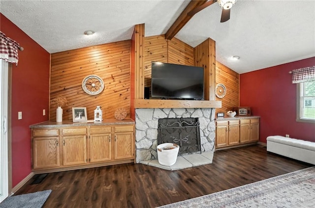 450 Overfield Pl, Troy, OH 45373 - living room with wood walls, an accent wall, dark wood-style flooring, a ceiling fan, and a fireplace