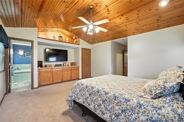 450 Overfield Pl, Troy, OH 45373 - bedroom featuring lofted ceiling, light carpet, wooden ceiling, and ensuite bath