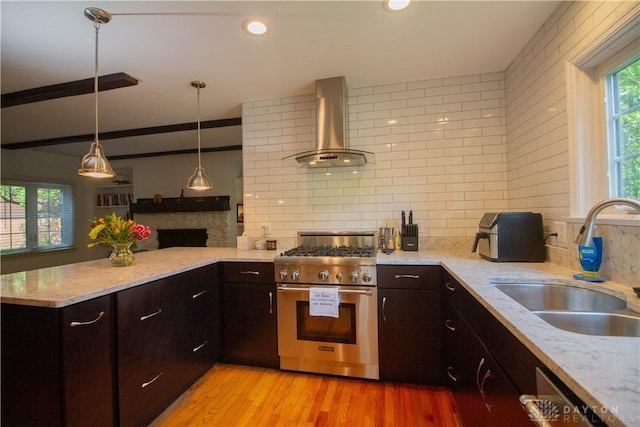 101 Blue Gate Cir Unit 1, Dayton, OH 45429 - kitchen with high end stainless steel range oven, wall chimney range hood, backsplash, a peninsula, and light wood-type flooring