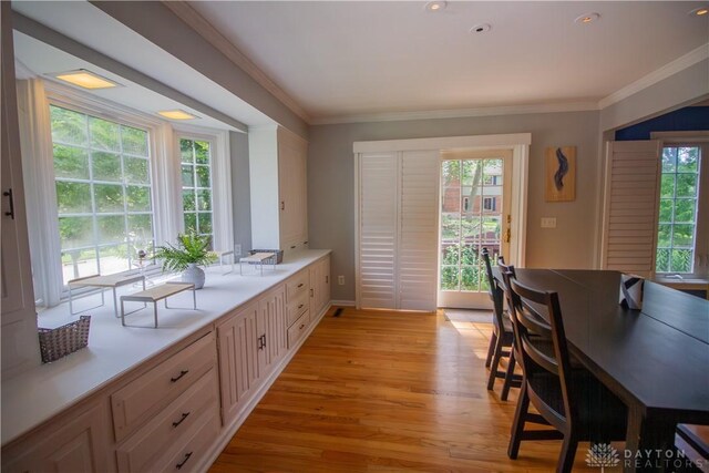101 Blue Gate Cir Unit 1, Dayton, OH 45429 - kitchen with plenty of natural light, light wood-type flooring, crown molding, and light countertops