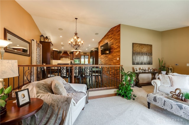 5516 Anne Ln, Washington Twp, OH 45459 - living room featuring light colored carpet, a chandelier, lofted ceiling, and recessed lighting