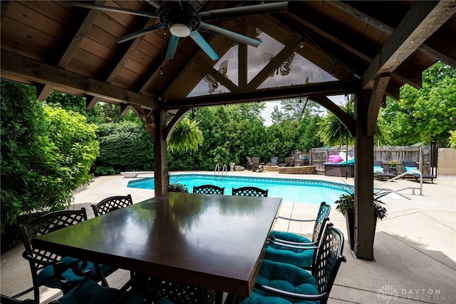 5516 Anne Ln, Washington Twp, OH 45459 - view of swimming pool featuring a ceiling fan, a fenced backyard, a patio, and outdoor dining space