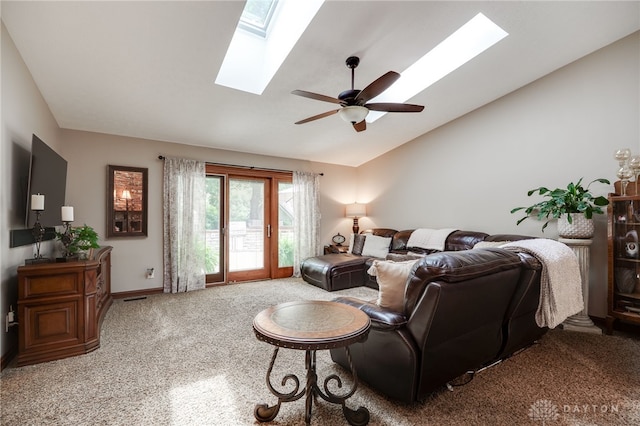 5516 Anne Ln, Washington Twp, OH 45459 - carpeted living area with a skylight, vaulted ceiling, and ceiling fan