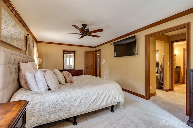 5516 Anne Ln, Washington Twp, OH 45459 - bedroom featuring light carpet, crown molding, a ceiling fan, and ensuite bath
