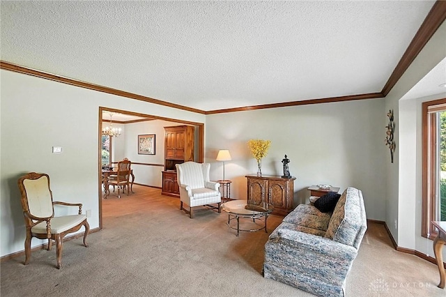1101 Fox Chase Ct, Centerville, OH 45459 - living area with a chandelier, carpet, crown molding, and a textured ceiling