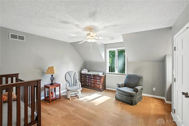 1101 Fox Chase Ct, Centerville, OH 45459 - bedroom with light carpet, a textured ceiling, lofted ceiling, and ceiling fan