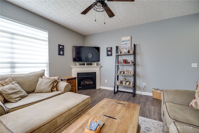 9270 Great Lakes Cir Unit 9270, Washington Twp, OH 45458 - living area with a ceiling fan, a textured ceiling, wood finished floors, and a fireplace