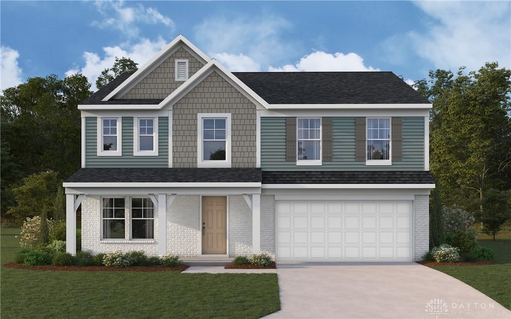 707 Deerhurst Dr, Vandalia, OH 45377 - view of front of house with driveway, a front lawn, a garage, brick siding, and a shingled roof
