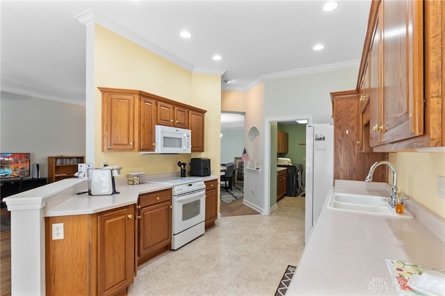 2396 Vienna Pkwy, Dayton, OH 45459 - kitchen featuring white appliances, ornamental molding, light countertops, brown cabinets, and recessed lighting